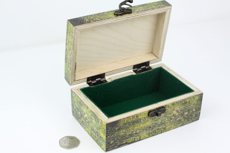 Wood handmade keepsake jewellery, memories, card box, Claude Monet style Bridge, Forest, Green lined