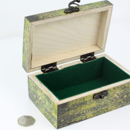 Wood handmade keepsake jewellery, memories, card box, Claude Monet style Bridge, Forest, Green lined