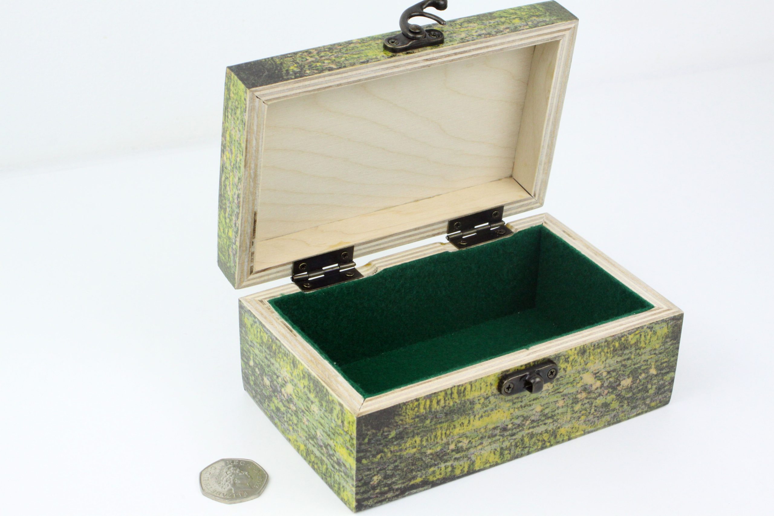Wood handmade keepsake jewellery, memories, card box, Claude Monet style Bridge, Forest, Green lined