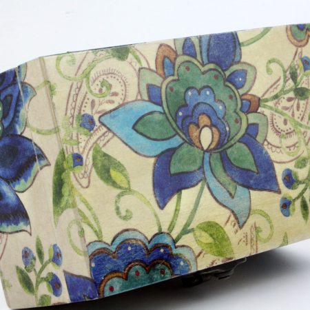 Wood handmade keepsake jewellery, memories, card box, Flowers, leaves, Moorcroft style, blue lined