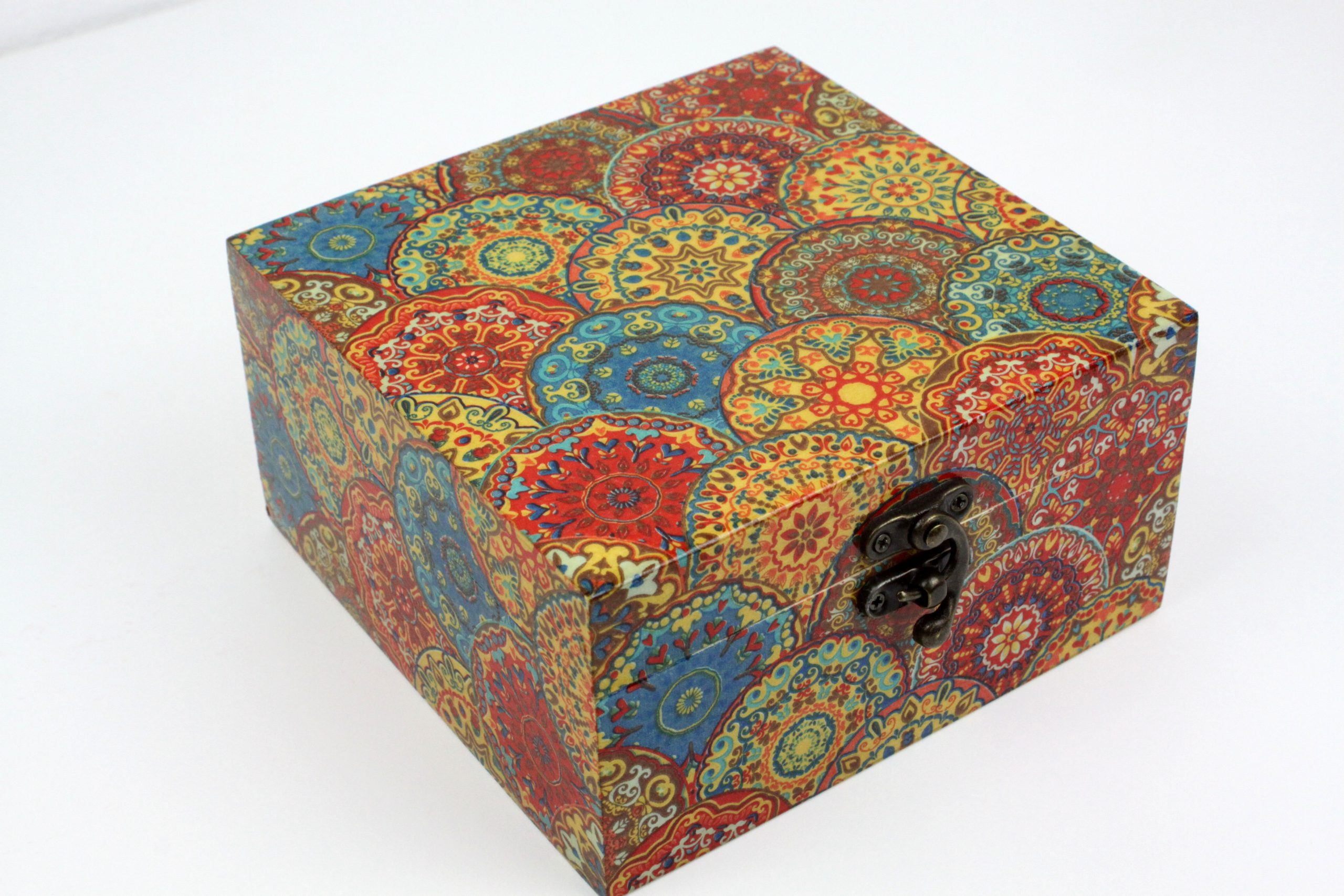 Wood handmade keepsake jewellery, memories, photo box, Mandala design, Burgundy lined