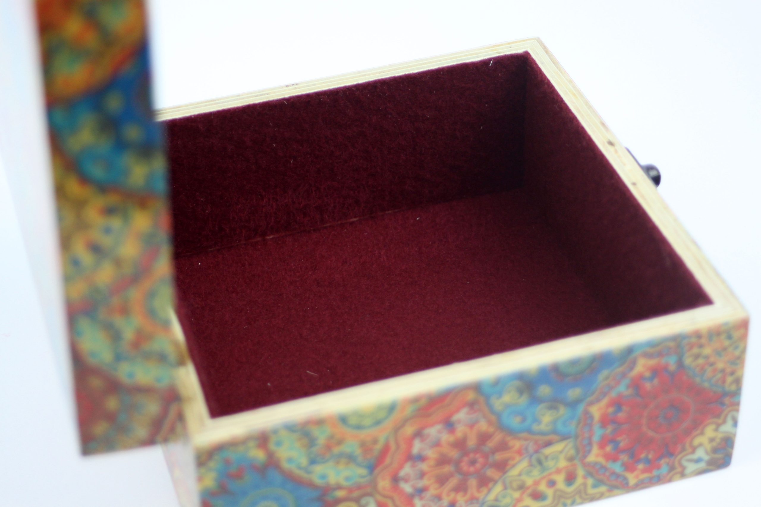 Wood handmade keepsake jewellery, memories, photo box, Mandala design, Burgundy lined