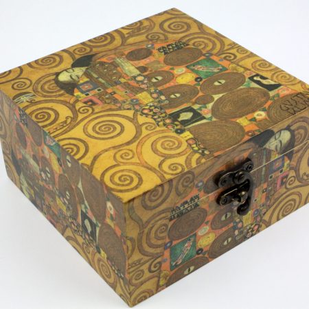 Wood handmade keepsake jewellery, memories, photo box, Gustav Klimt design The Kiss, Black lined