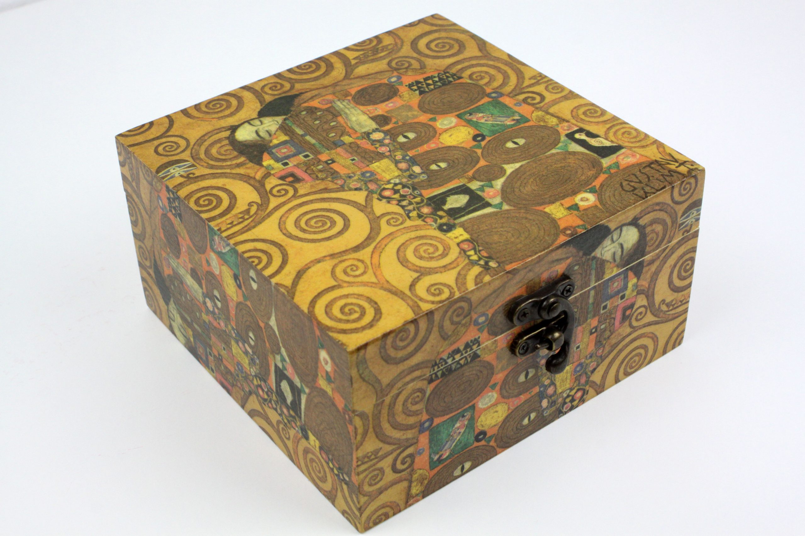 Wood handmade keepsake jewellery, memories, photo box, Gustav Klimt design The Kiss, Black lined