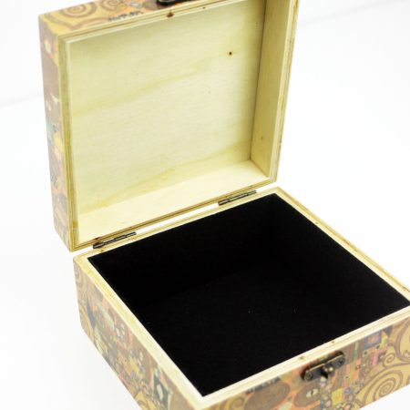 Wood handmade keepsake jewellery, memories, photo box, Gustav Klimt design The Kiss, Black lined