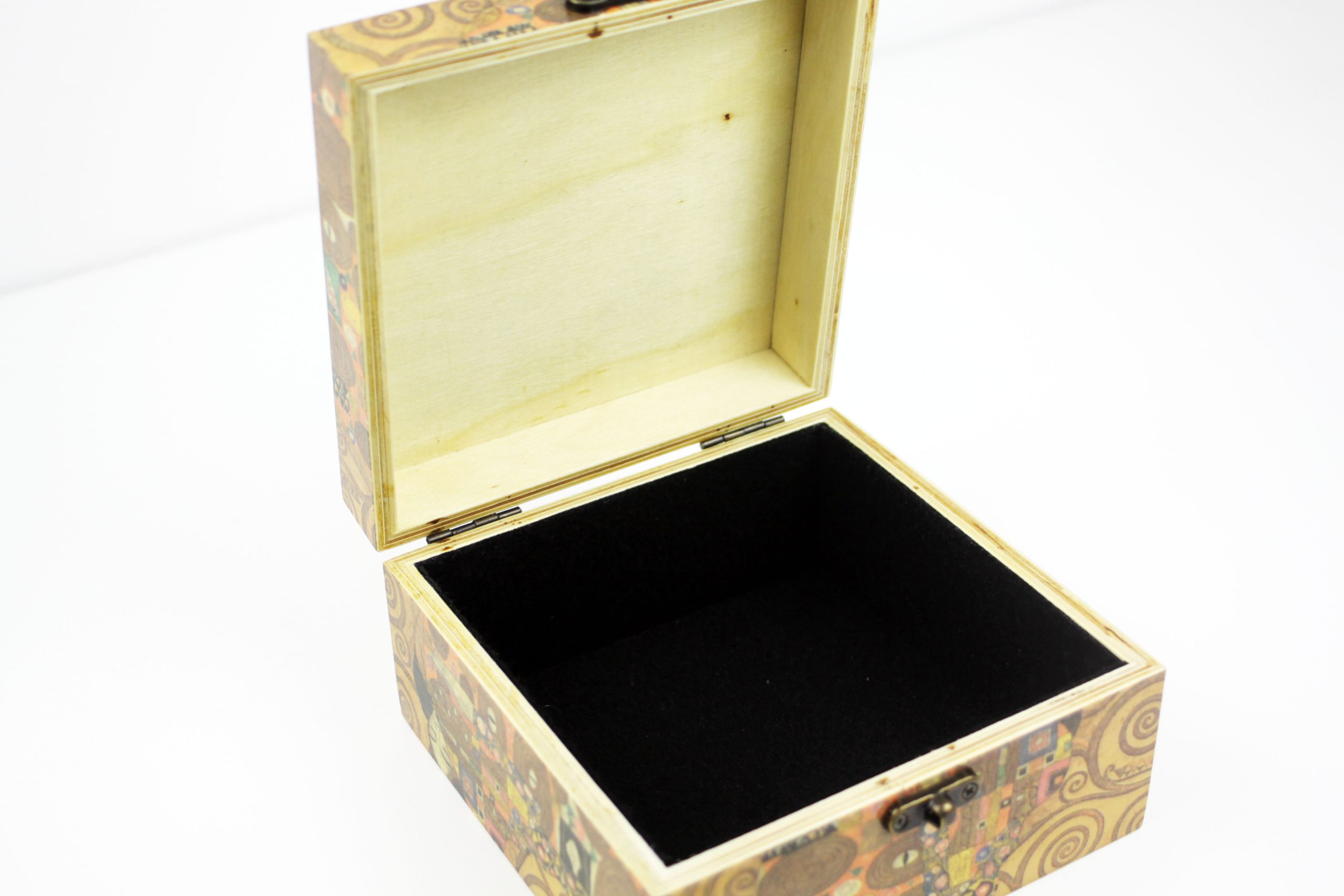 Wood handmade keepsake jewellery, memories, photo box, Gustav Klimt design The Kiss, Black lined