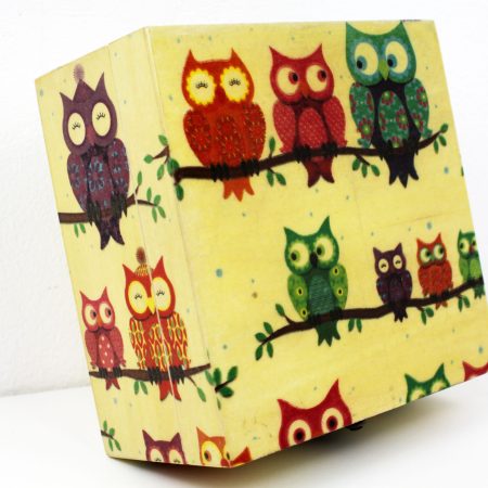 Wood handmade keepsake jewellery, memories, photo box, Owls, Tree design green lined