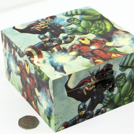Wood handmade keepsake jewellery, memories, photo box, Avengers Superheroes design, blue lined