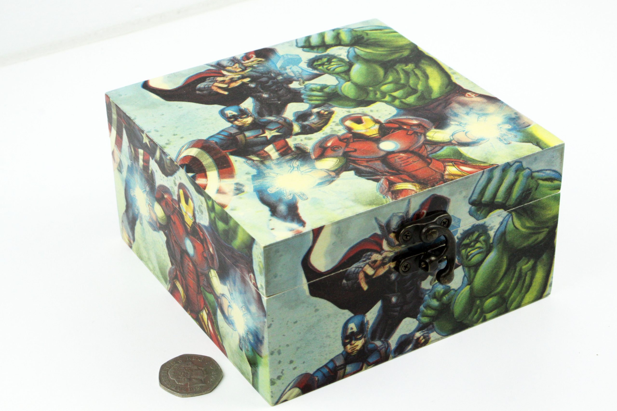 Wood handmade keepsake jewellery, memories, photo box, Avengers Superheroes design, blue lined
