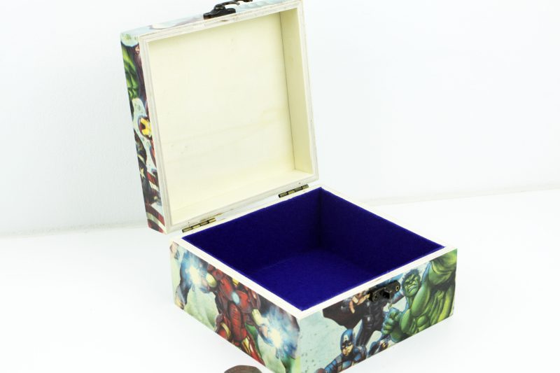 Wood handmade keepsake jewellery, memories, photo box, Avengers Superheroes design, blue lined
