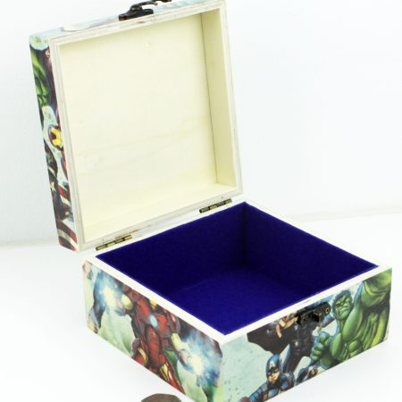 Wood handmade keepsake jewellery, memories, photo box, Avengers Superheroes design, blue lined
