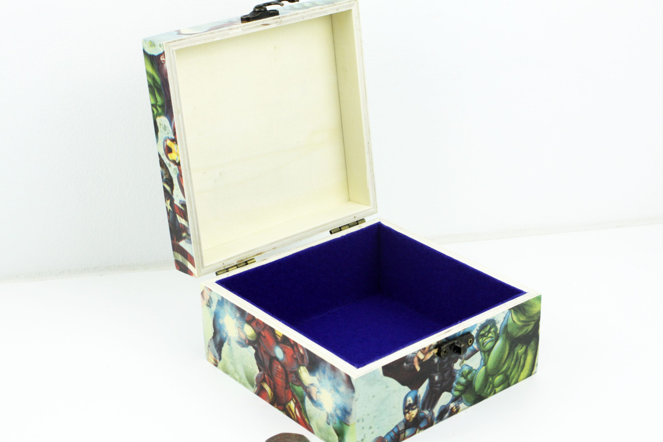 Wood handmade keepsake jewellery, memories, photo box, Avengers Superheroes design, blue lined