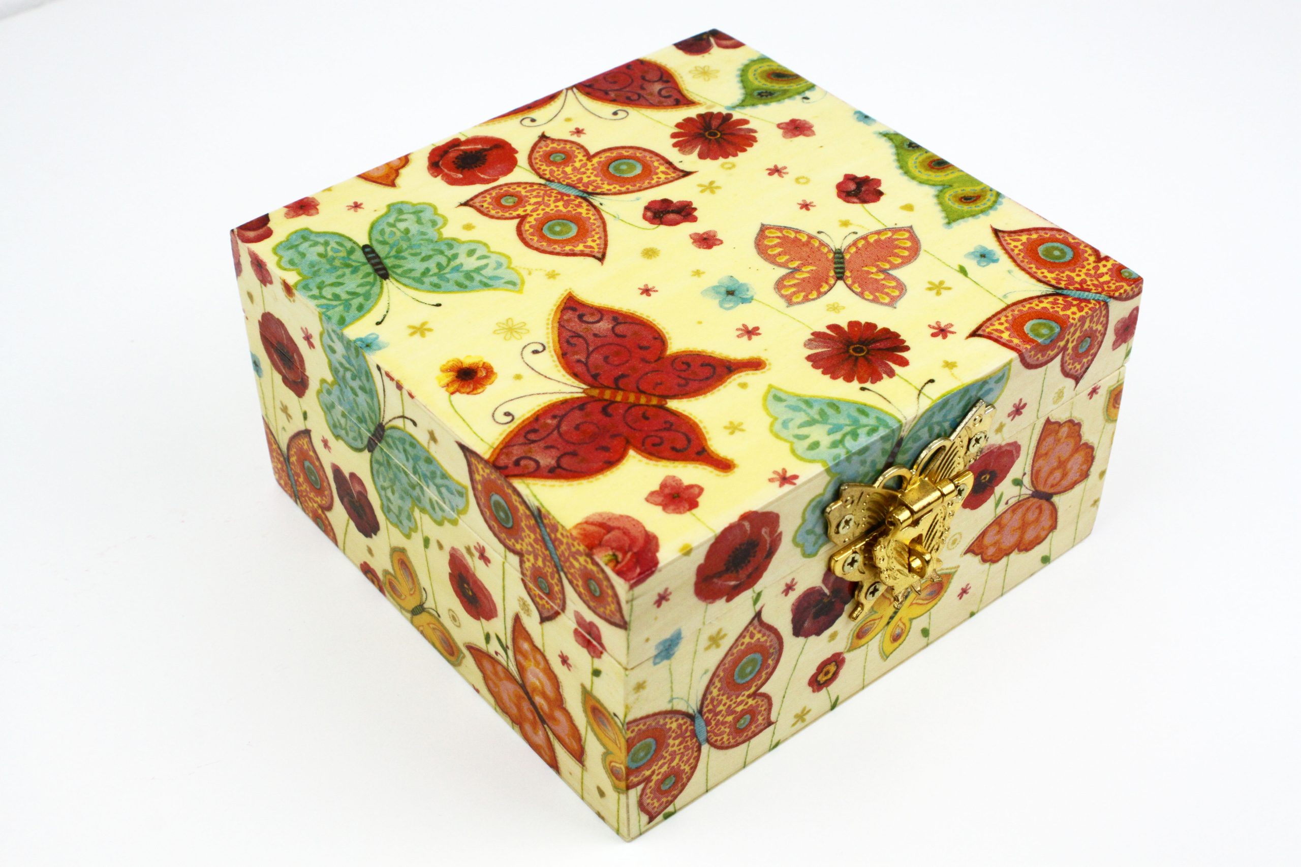 Wood handmade keepsake jewellery, memories, photo box, Butterfly, Flowers design Green Lined