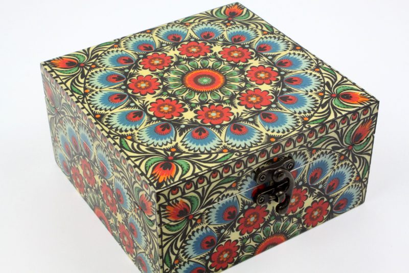 Wood handmade keepsake jewellery, memories, photo box, Moroccan, Mandala design blue lined