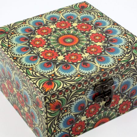 Wood handmade keepsake jewellery, memories, photo box, Moroccan, Mandala design blue lined