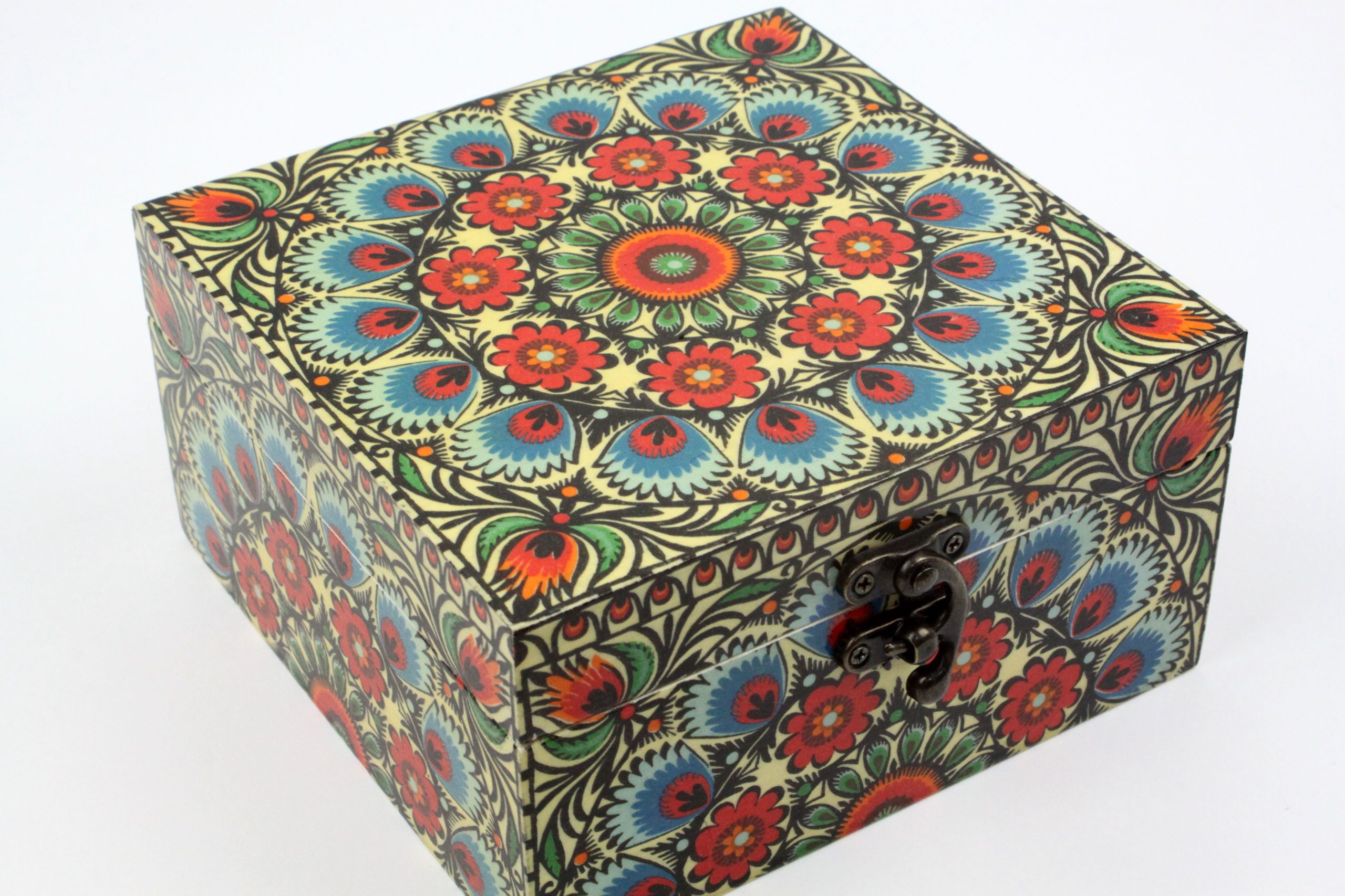 Wood handmade keepsake jewellery, memories, photo box, Moroccan, Mandala design blue lined