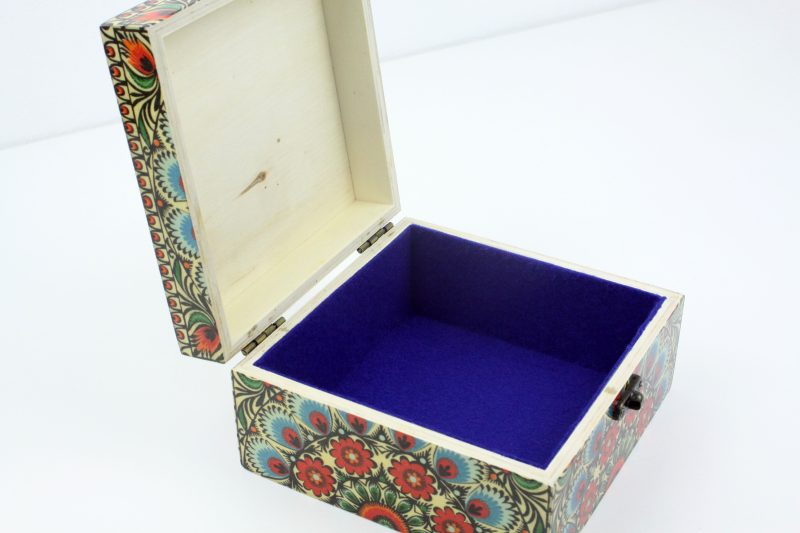 Wood handmade keepsake jewellery, memories, photo box, Moroccan, Mandala design blue lined
