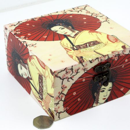 Wood handmade keepsake jewellery, memories, photo box, Japanese geisha, cherry blossom, red lined