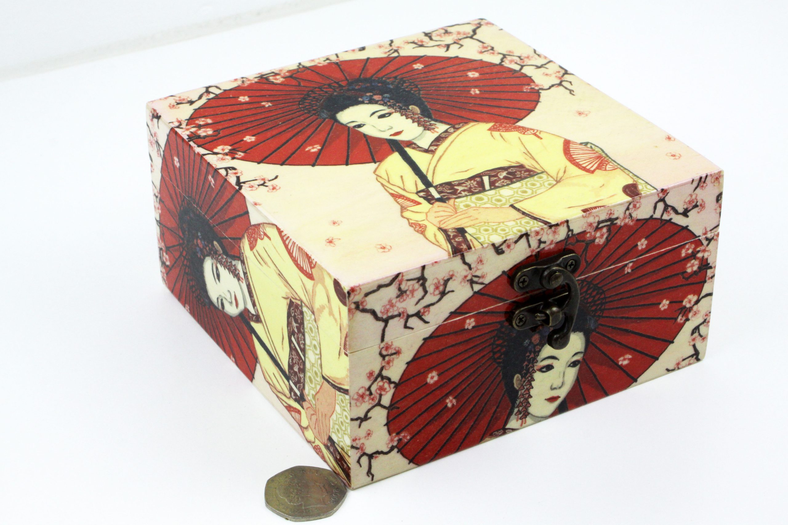 Wood handmade keepsake jewellery, memories, photo box, Japanese geisha, cherry blossom, red lined