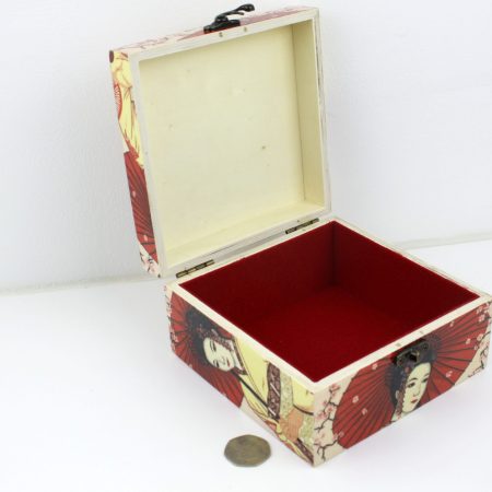 Wood handmade keepsake jewellery, memories, photo box, Japanese geisha, cherry blossom, red lined