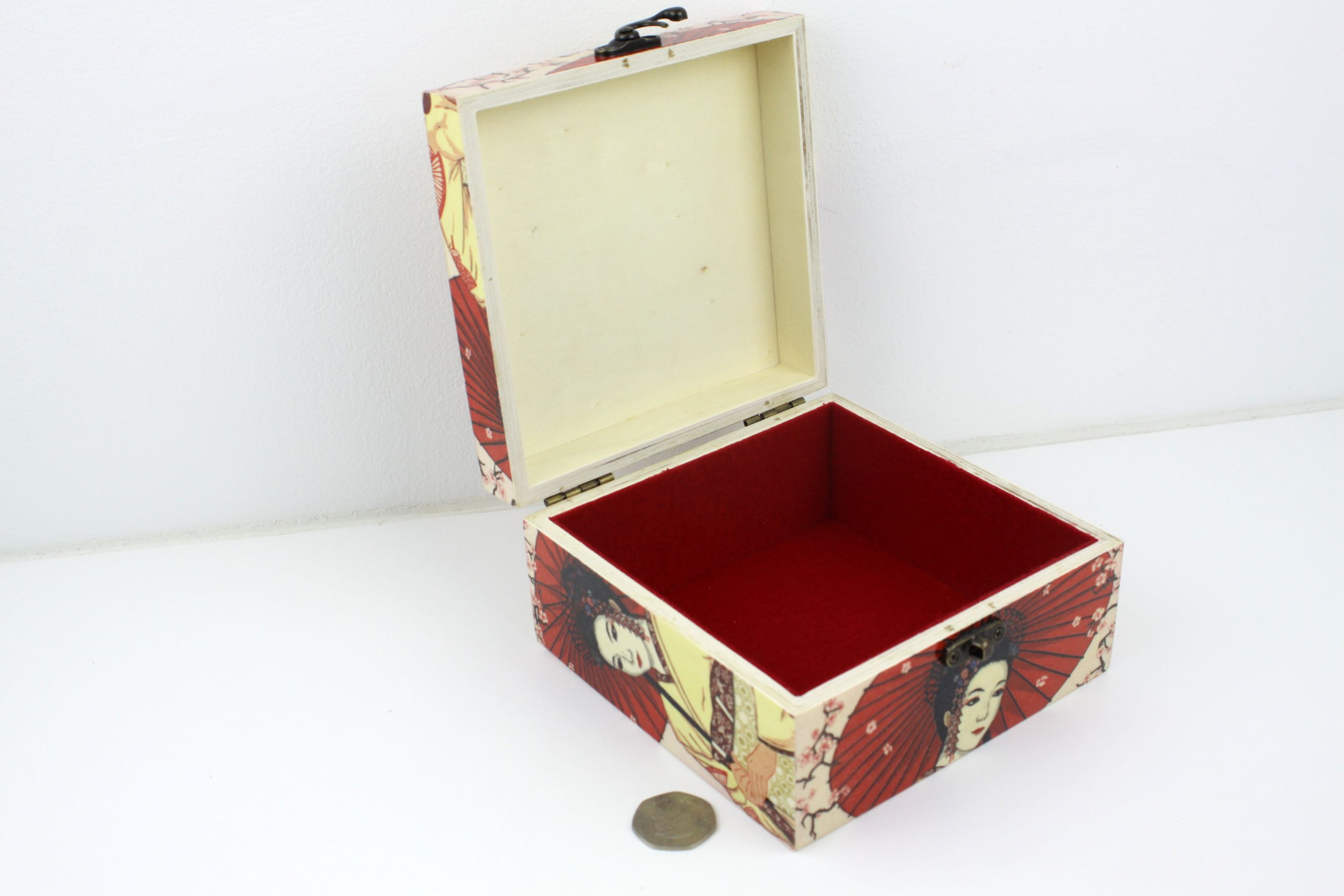 Wood handmade keepsake jewellery, memories, photo box, Japanese geisha, cherry blossom, red lined
