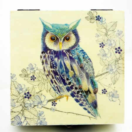 Wood handmade keepsake jewellery, memories, photo box, Owl, tree, flowers design Purple lined
