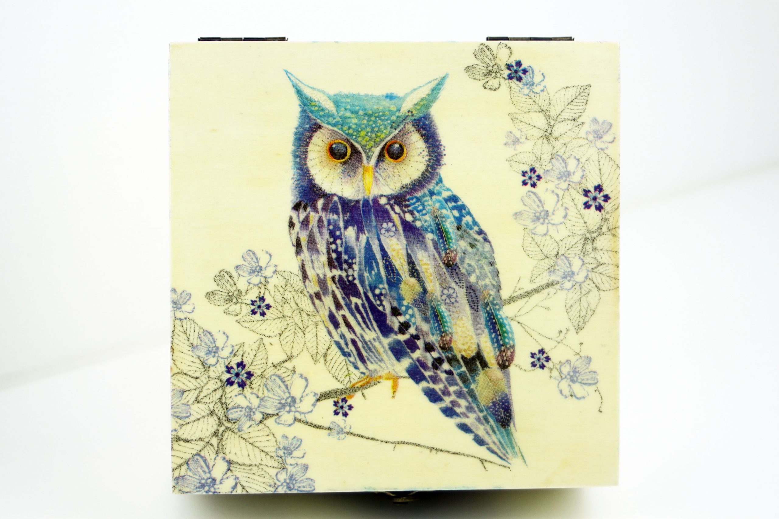 Wood handmade keepsake jewellery, memories, photo box, Owl, tree, flowers design Purple lined