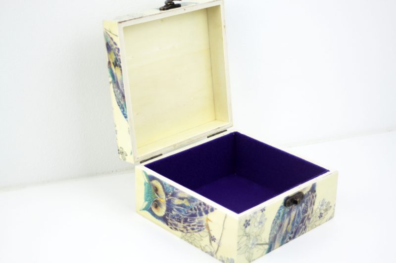 Wood handmade keepsake jewellery, memories, photo box, Owl, tree, flowers design Purple lined