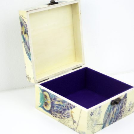 Wood handmade keepsake jewellery, memories, photo box, Owl, tree, flowers design Purple lined