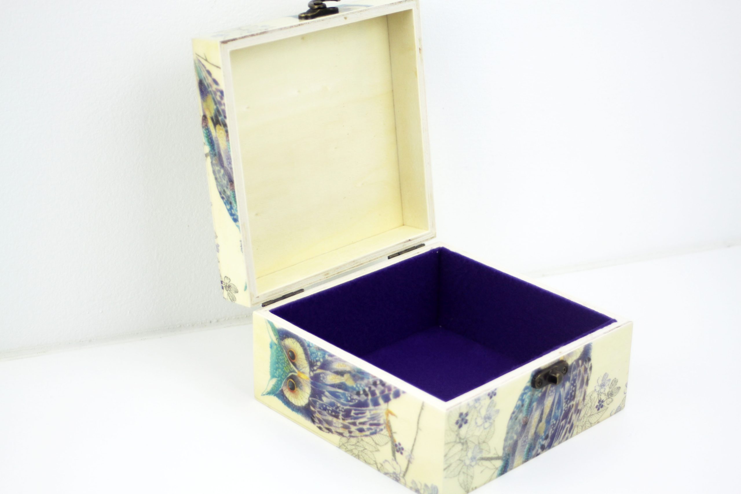 Wood handmade keepsake jewellery, memories, photo box, Owl, tree, flowers design Purple lined