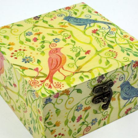 Wood handmade keepsake jewellery, memories, photo box, Birds, flowers, leaves design green lined