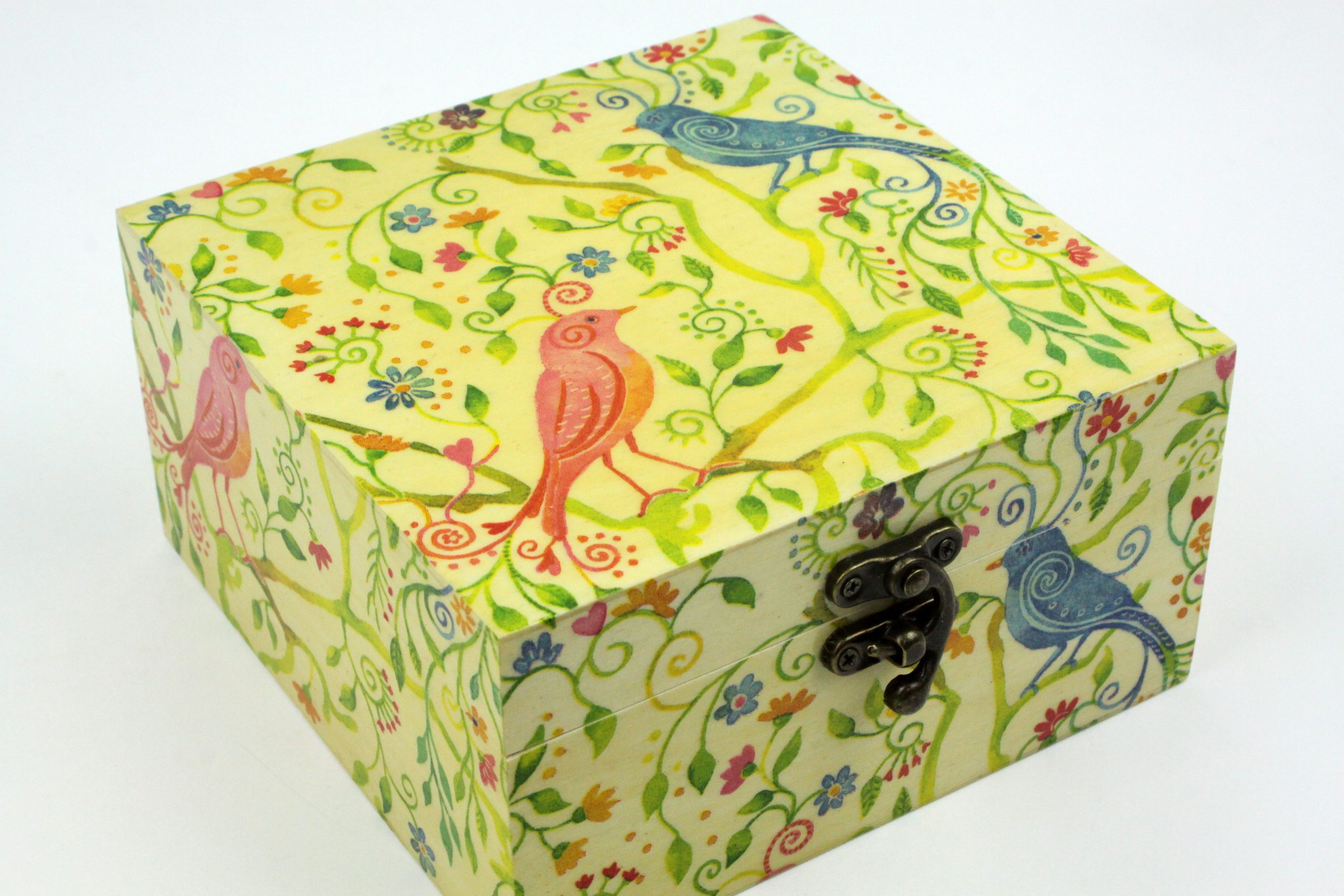 Wood handmade keepsake jewellery, memories, photo box, Birds, flowers, leaves design green lined