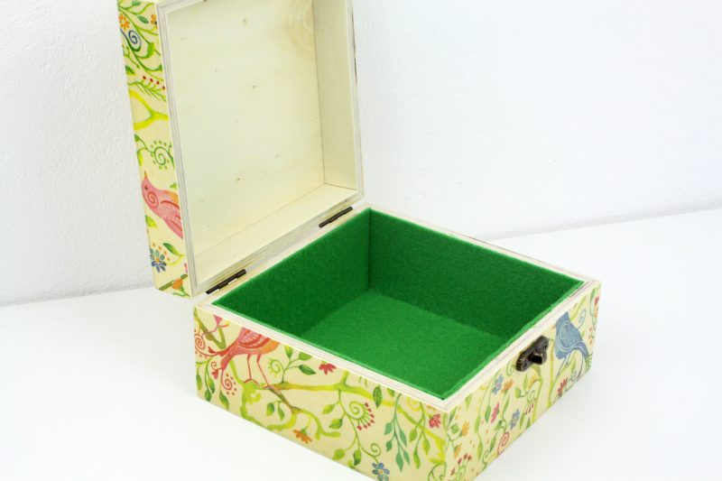 Wood handmade keepsake jewellery, memories, photo box, Birds, flowers, leaves design green lined
