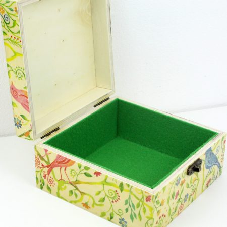 Wood handmade keepsake jewellery, memories, photo box, Birds, flowers, leaves design green lined