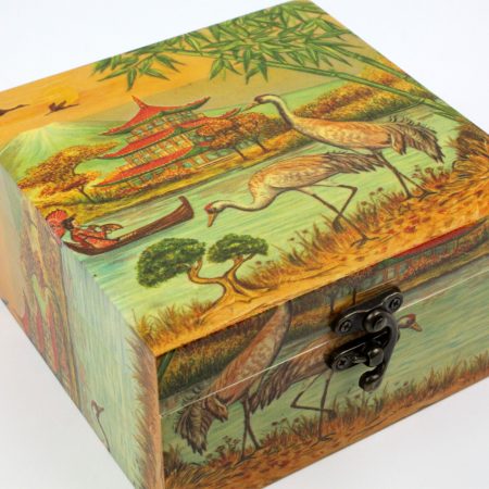Wood handmade keepsake jewellery, memories, photo box, Japanese design, birds, pagoda lined