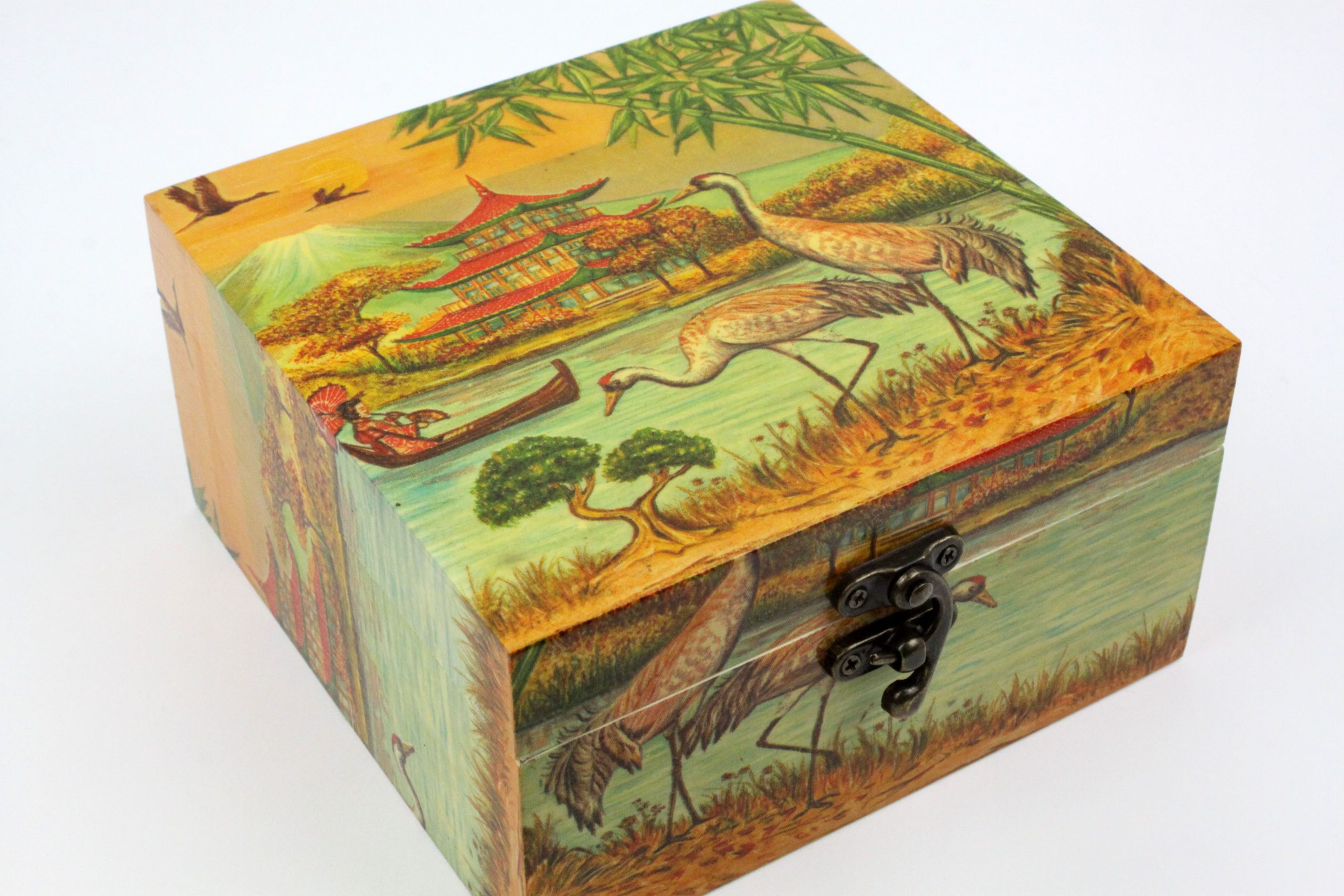 Wood handmade keepsake jewellery, memories, photo box, Japanese design, birds, pagoda lined