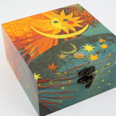 Wood handmade keepsake jewellery, memories, photo box, Sun, stars, moon, planet Orange Lined