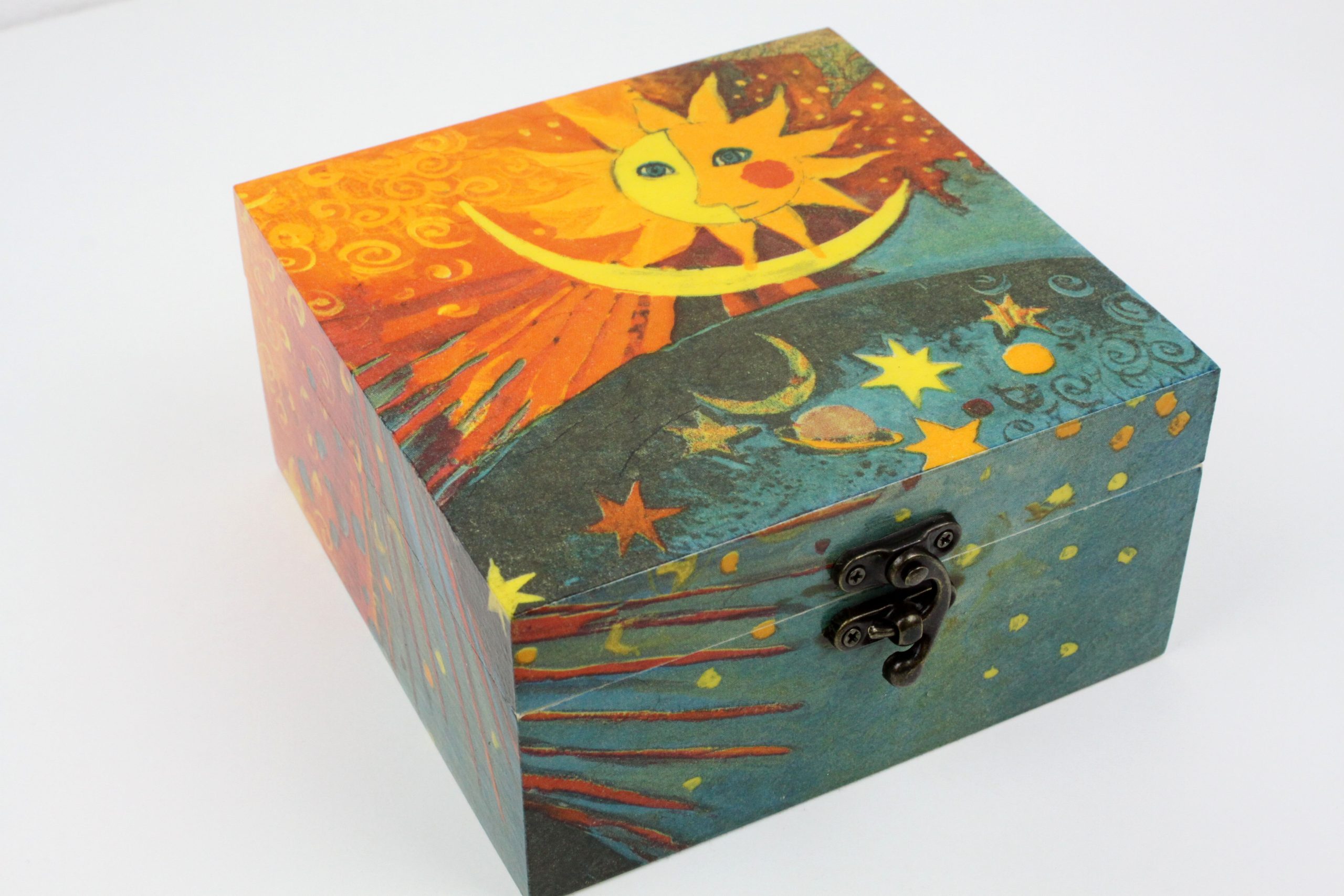 Wood handmade keepsake jewellery, memories, photo box, Sun, stars, moon, planet Orange Lined
