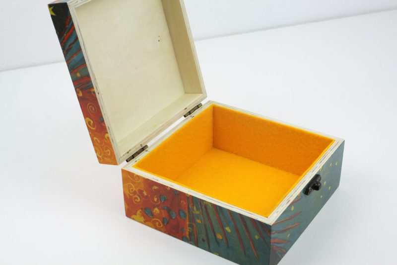 Wood handmade keepsake jewellery, memories, photo box, Sun, stars, moon, planet Orange Lined