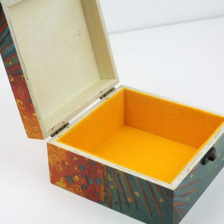 Wood handmade keepsake jewellery, memories, photo box, Sun, stars, moon, planet Orange Lined