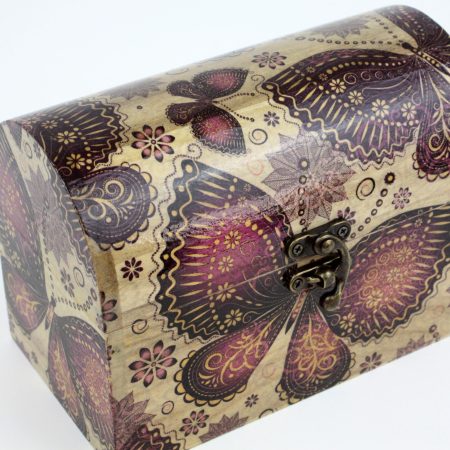 Treasure Chest box, Wood handmade keepsake jewellery, memories, Butterfly, Flowers design Lined