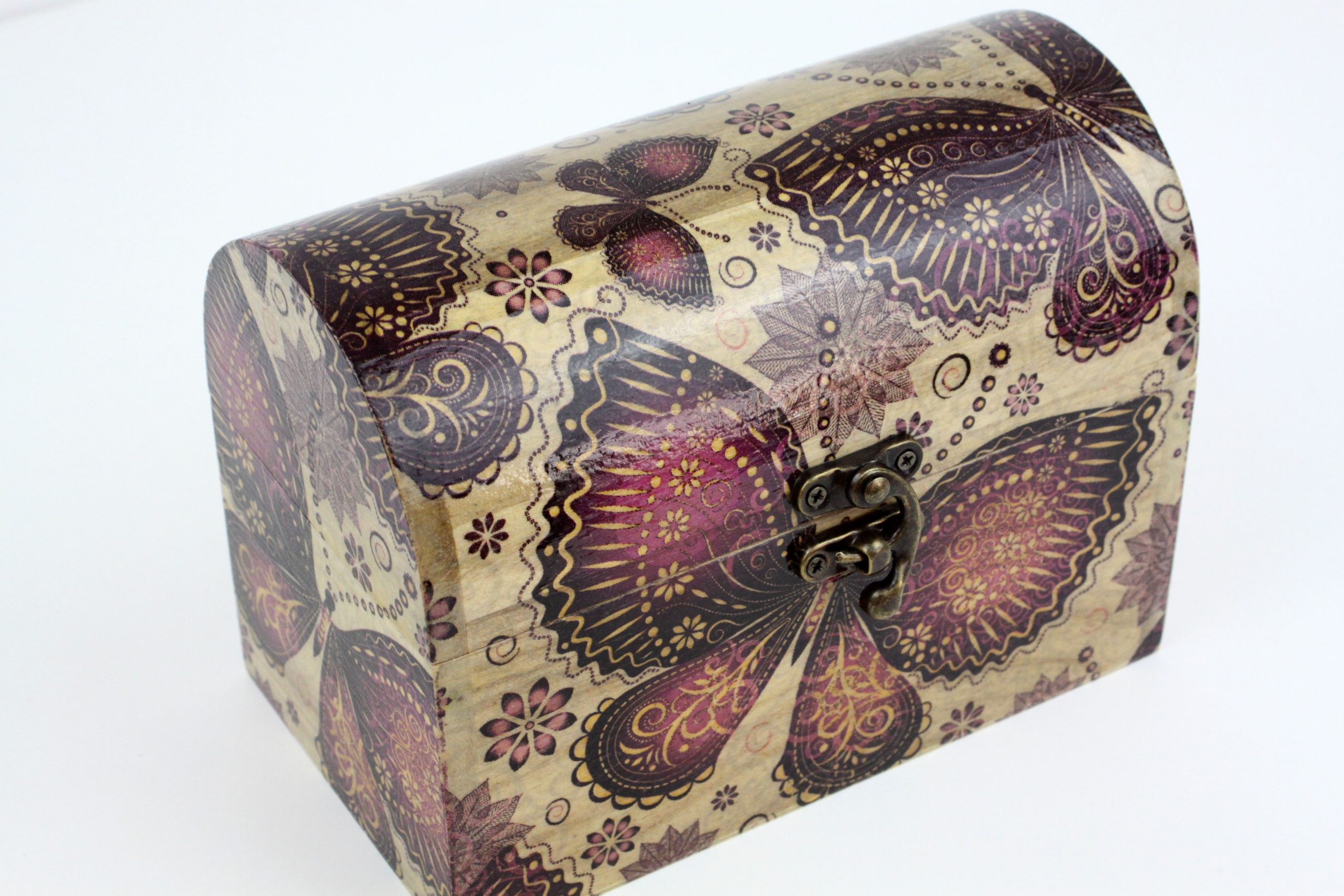 Treasure Chest box, Wood handmade keepsake jewellery, memories, Butterfly, Flowers design Lined