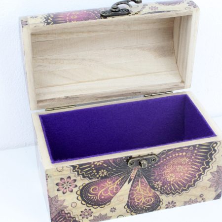 Treasure Chest box, Wood handmade keepsake jewellery, memories, Butterfly, Flowers design Lined