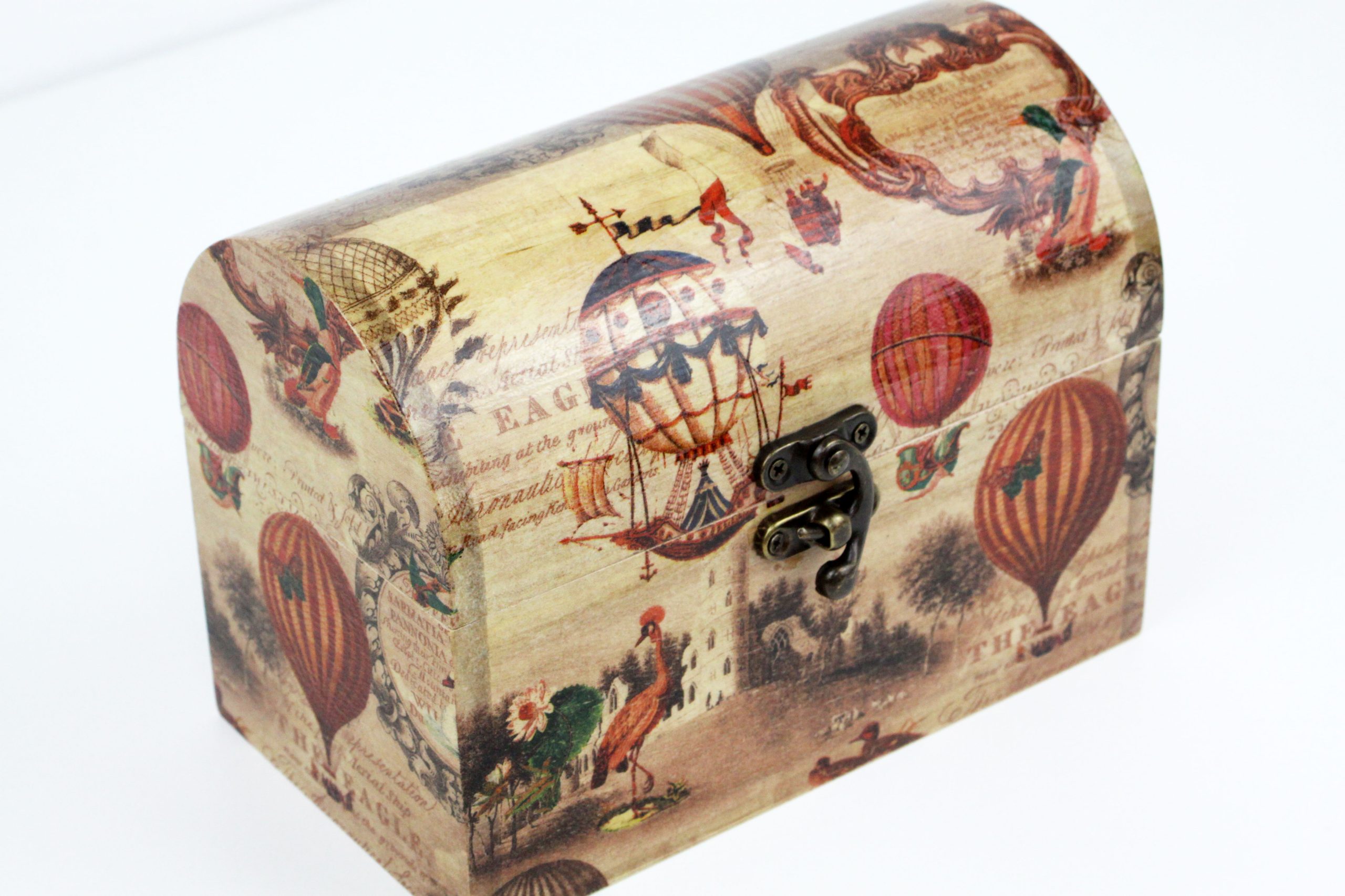 Treasure Chest, Wood handmade keepsake jewellery, memories box, Vintage retro Hot air balloon Lined