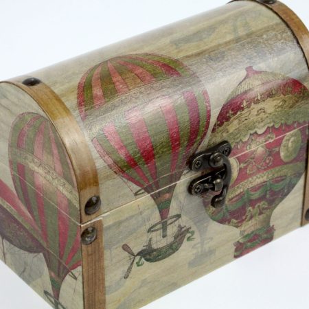 Treasure Chest, Wood handmade keepsake jewellery, memories box, Vintage retro Hot air balloon Lined
