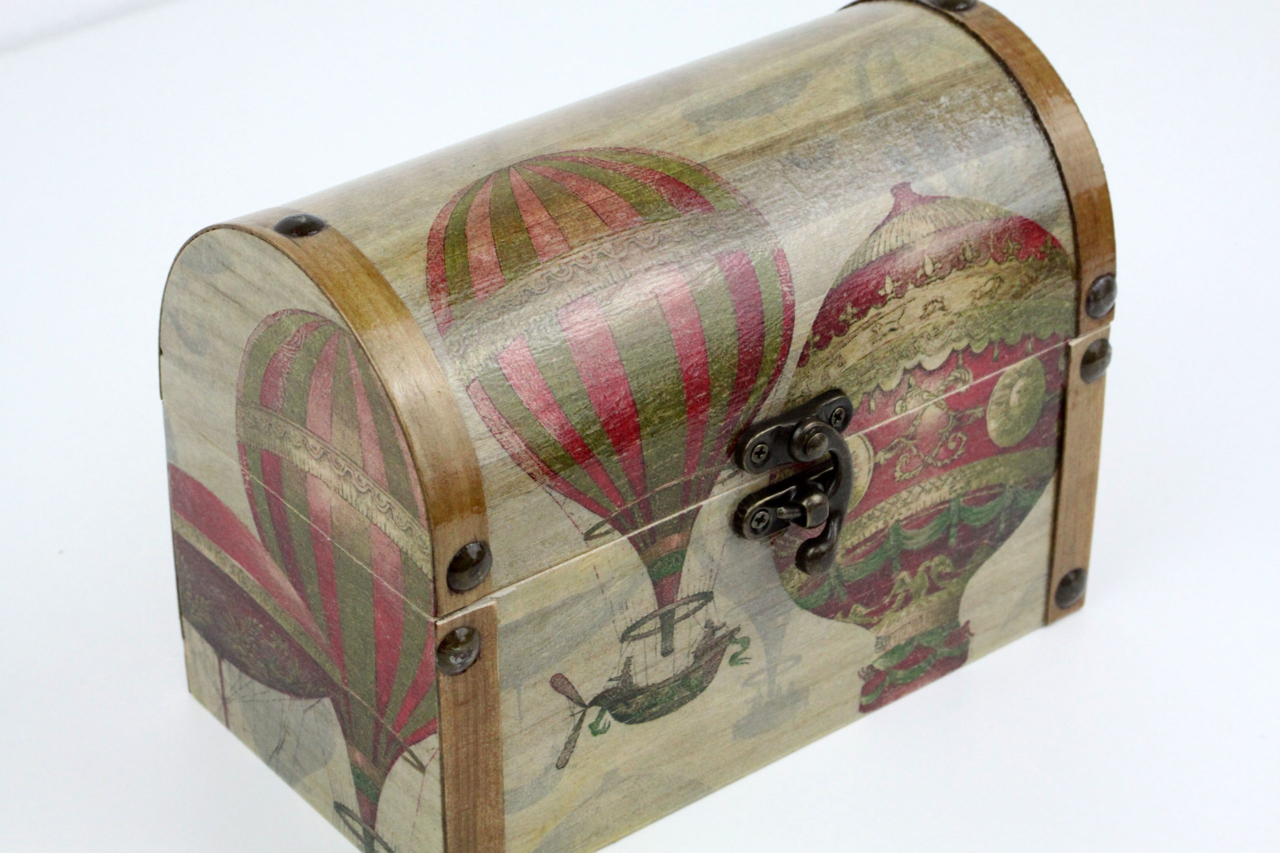 Treasure Chest, Wood handmade keepsake jewellery, memories box, Vintage retro Hot air balloon Lined