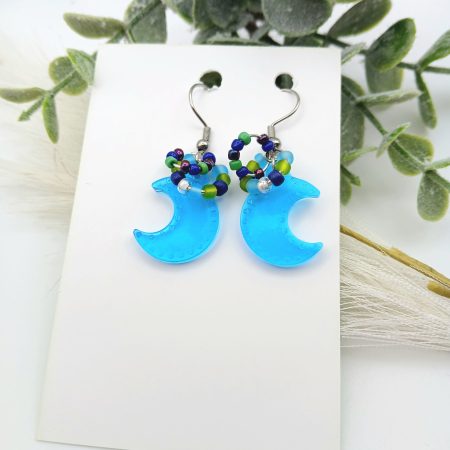 Blue Crescent Moon Handmade Resin and Bead Earrings