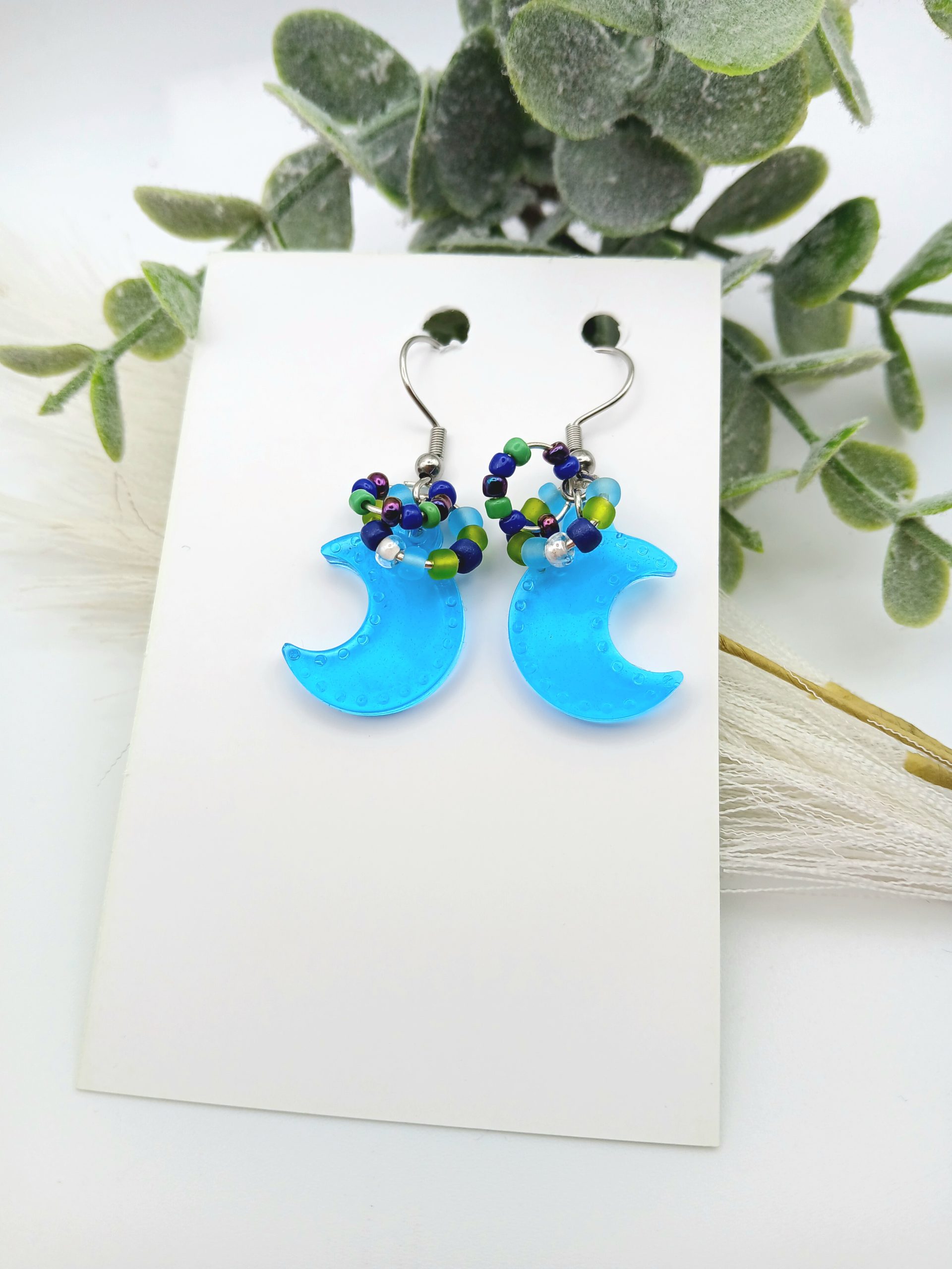 Blue Crescent Moon Handmade Resin and Bead Earrings