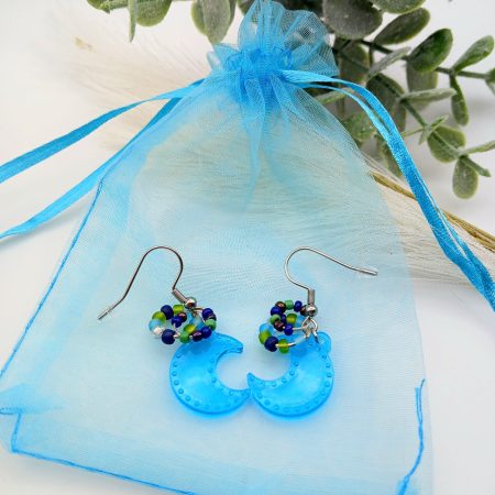 Blue Crescent Moon Handmade Resin and Bead Earrings