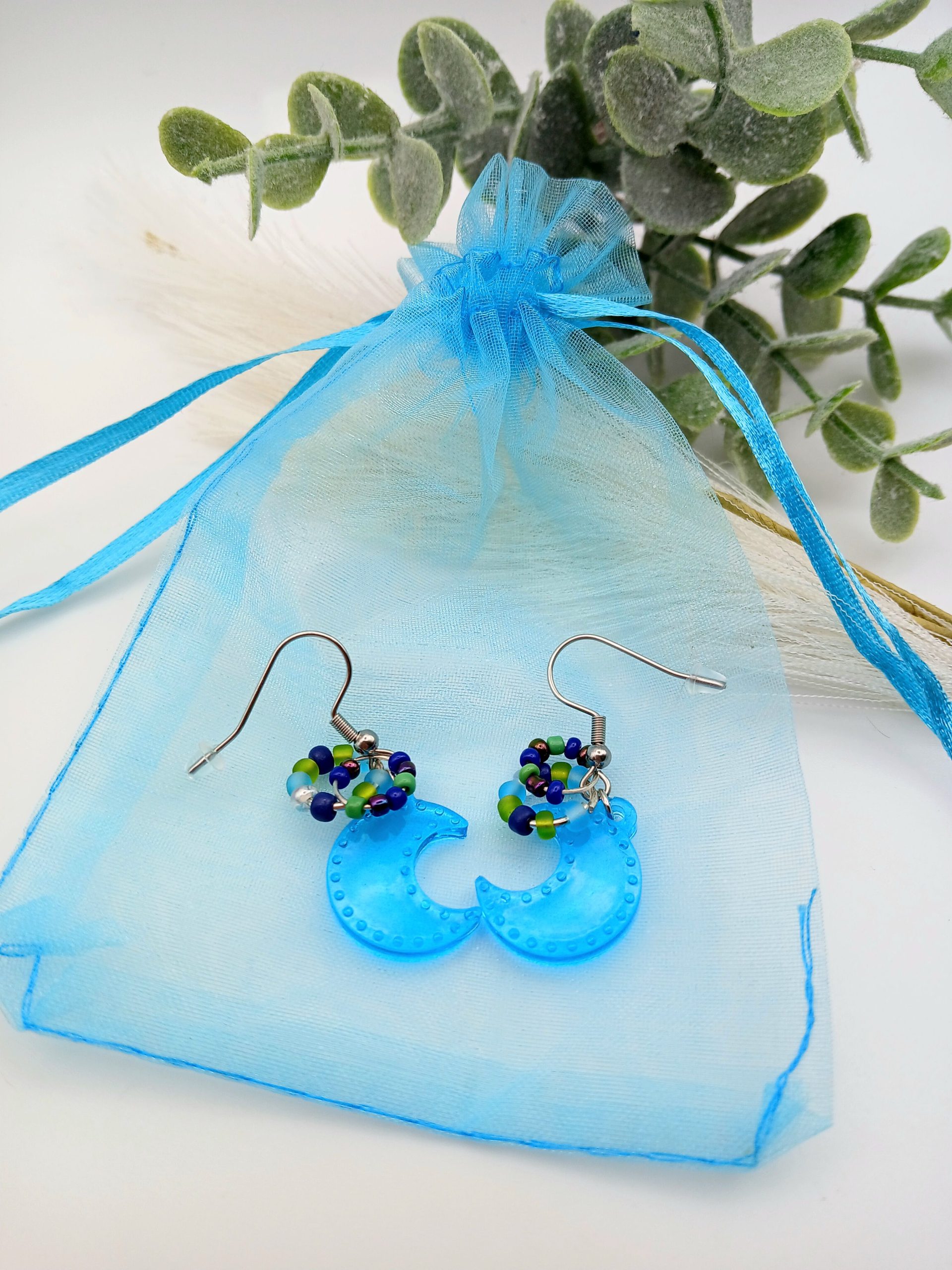 Blue Crescent Moon Handmade Resin and Bead Earrings